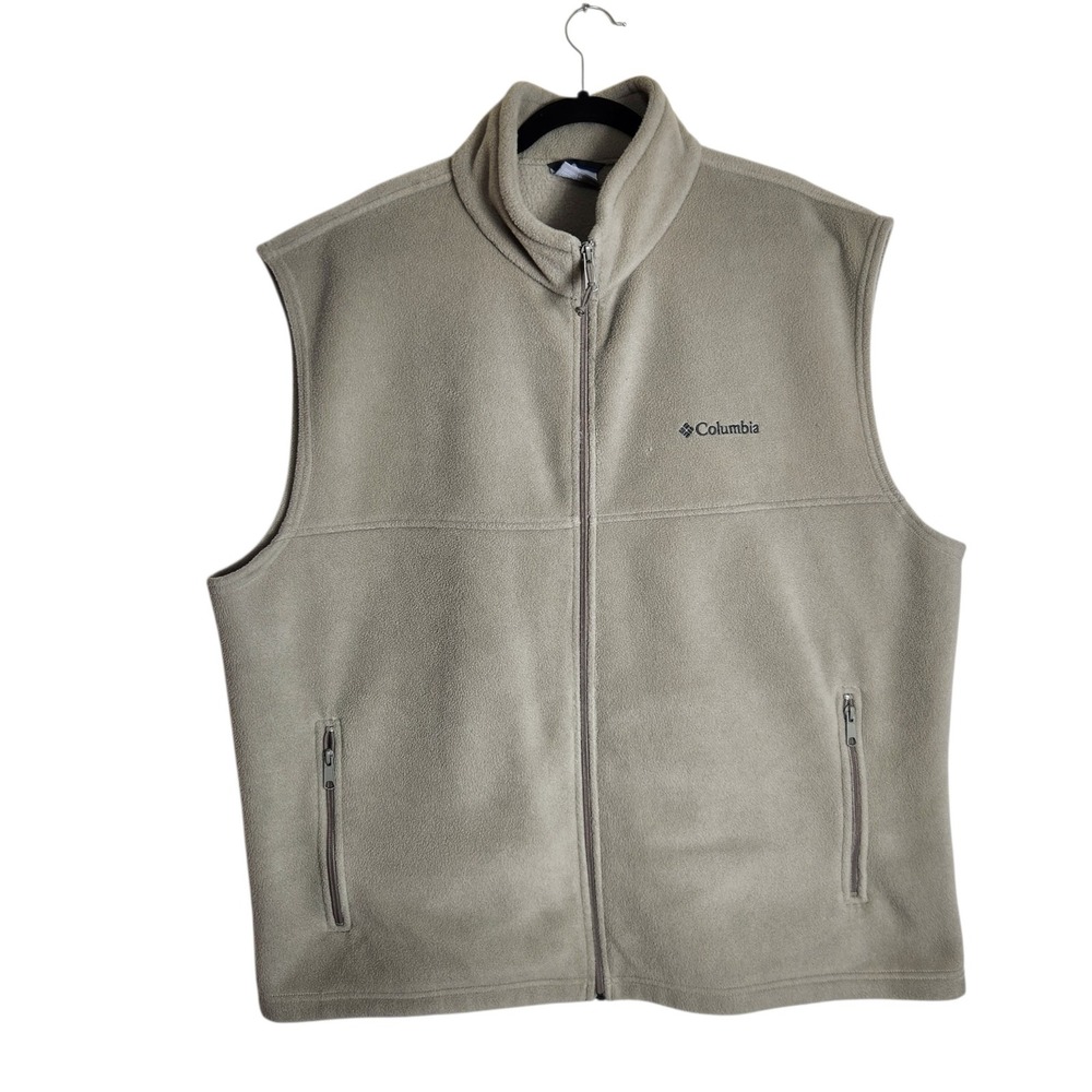 Columbia Mens XXL Tan Khaki Fleece Full Zip Vest Sleeveless Jacket Pockets
